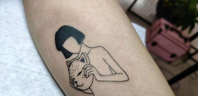 小清新纹身图片_手臂线条面具人像纹身图案