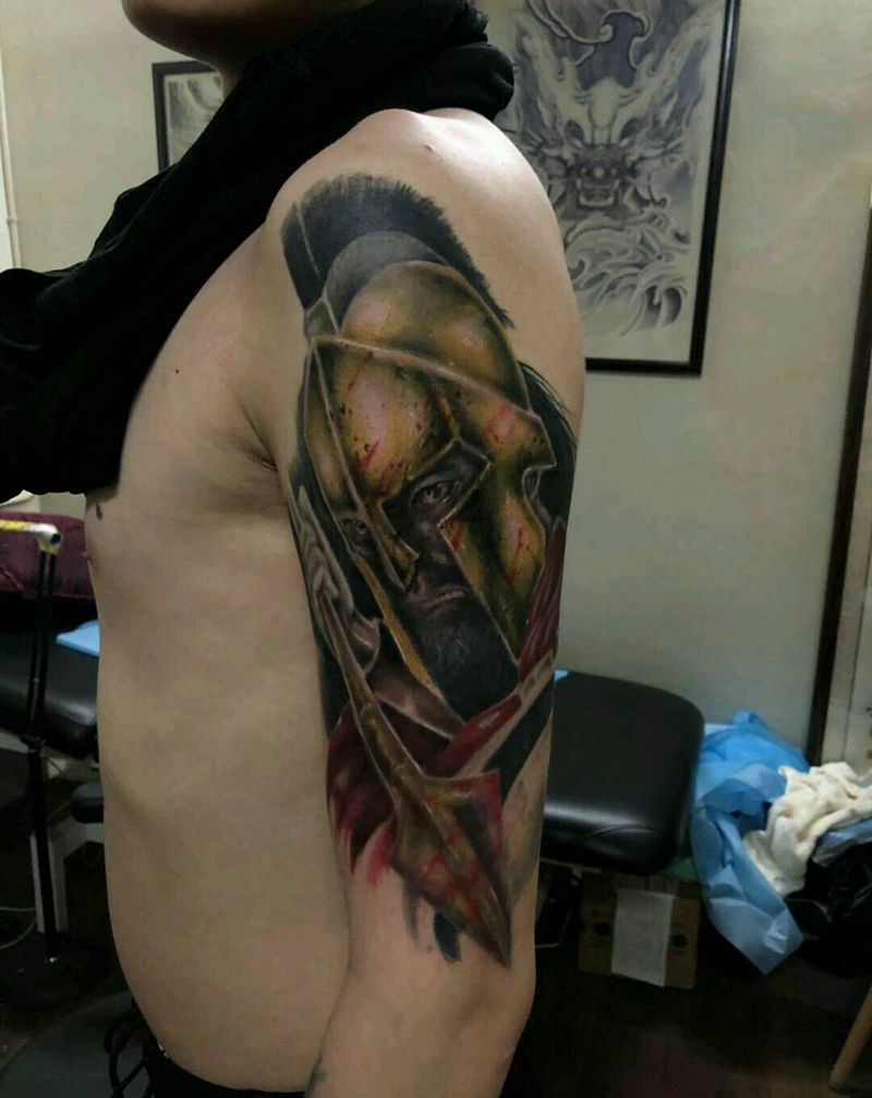 斯巴达纹身图片_肩部手臂欧美写实人物鬼神宗教纹身图案