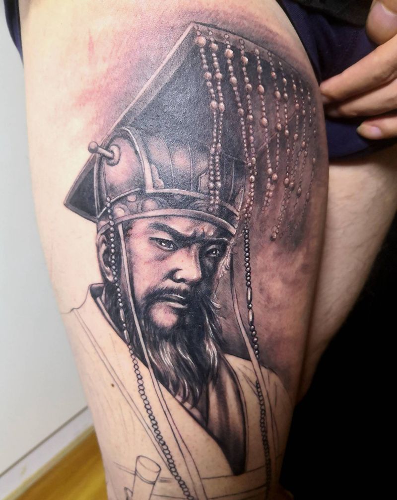 秦始皇纹身大腿纹身图片_腿部欧美写实纹身图案