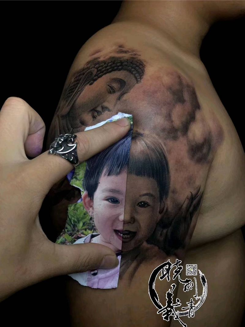 肖像  守护佛纹身图片_手臂欧美写实纹身图案