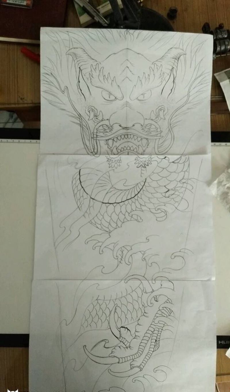 花臂龙手稿纹身图片