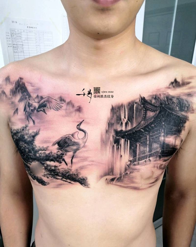 花胸中国风松鹤楼阁纹身图片_胸部纹身图案