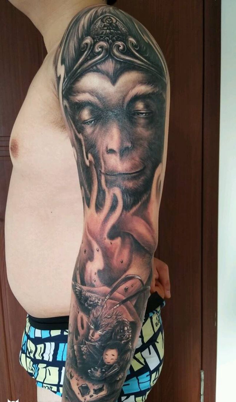 花臂猴子系列纹身图片_手臂传统肖像动物宗教纹身图案