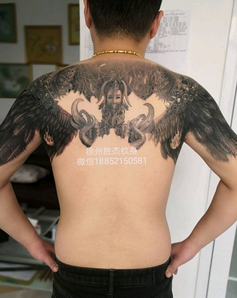 满背西游系列狮驼岭纹身图片_背部欧美写实纹身图案