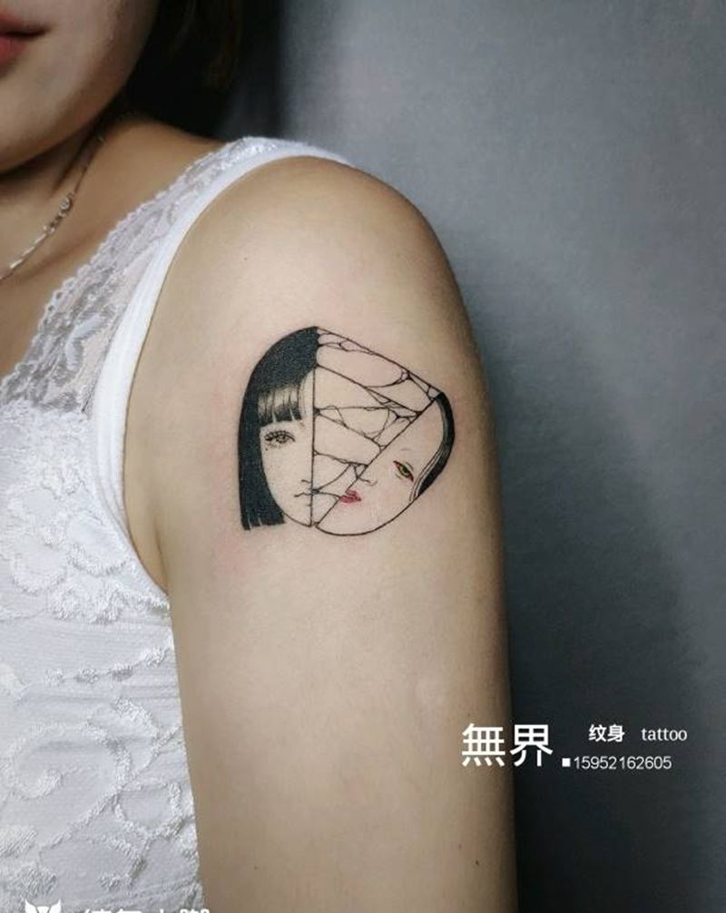能面少女纹身图片_肩部手臂少女纹身图案