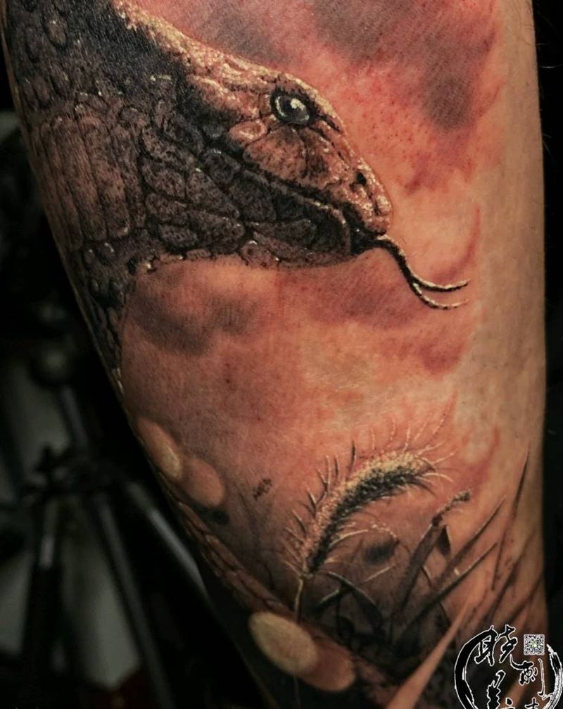 蛇纹身图片_腿部石雕纹身图案