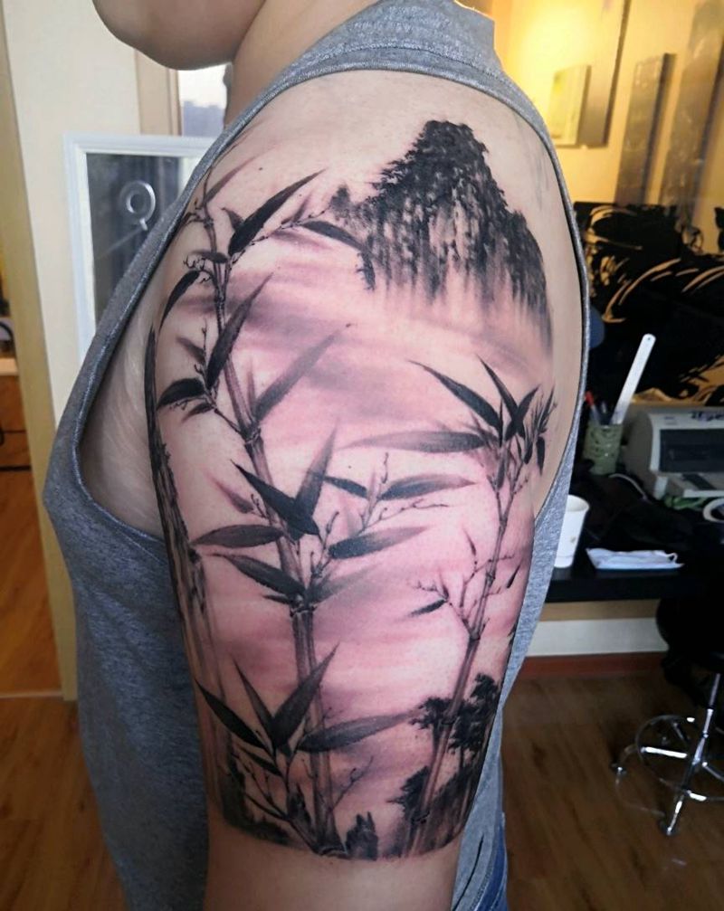 山水高山细竹纹身图片_手臂水墨纹身图案