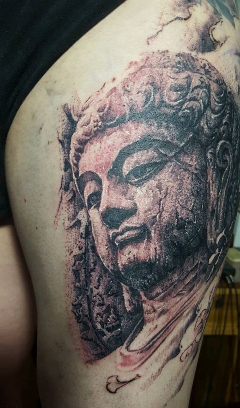 卢舍那纹身图片_腿部欧美传统写实宗教原创石雕成品纹身图案