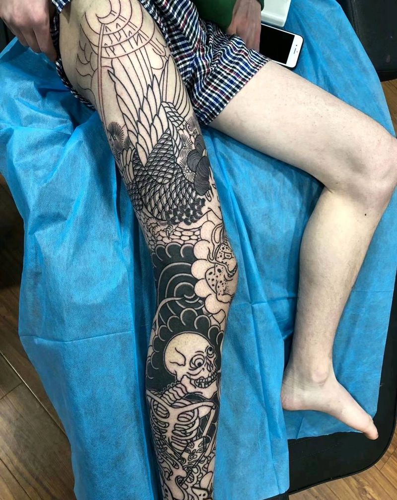 百鬼系列花腿下次继续纹身图片_腿部臀部老传统纹身图案