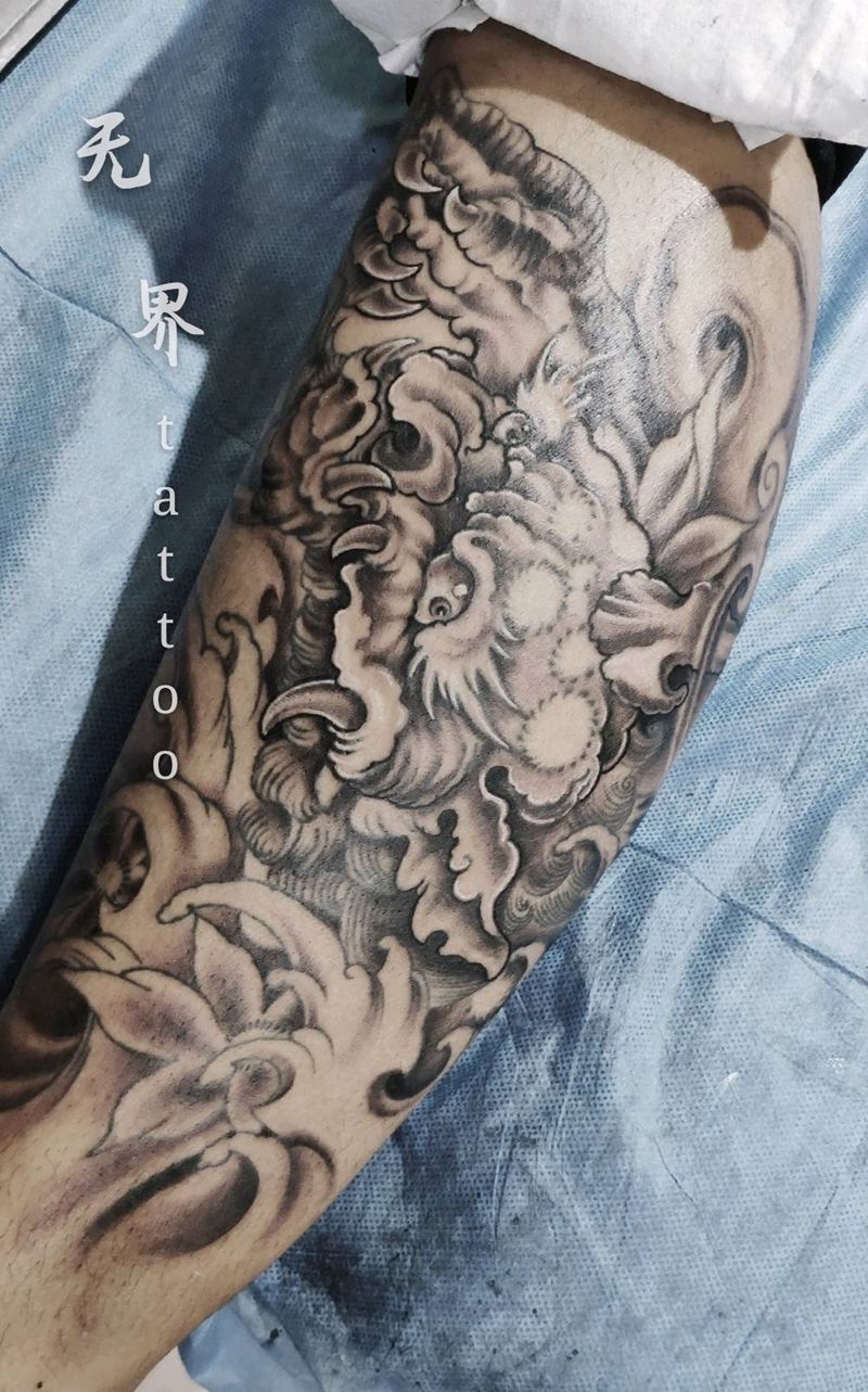 未完成纹身图片_腿部新传统貔貅麒麟小腿纹身图案