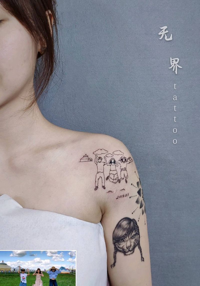 照片纹身图片_肩部照片剪影线条肖像纹身图案