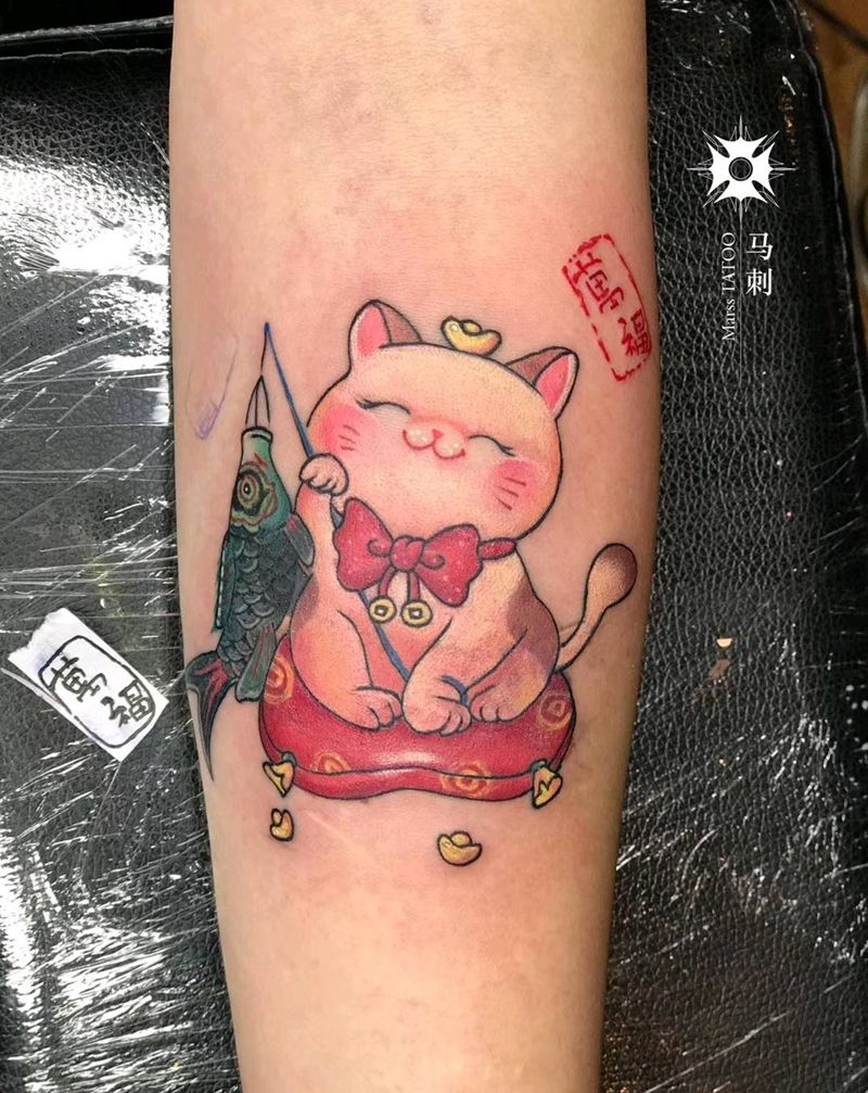 遮盖，原创招财猫纹身图片_水彩纹身图案