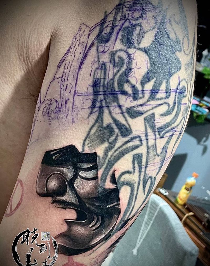 鬼武士遮盖图腾纹身图片_手臂欧美写实纹身图案