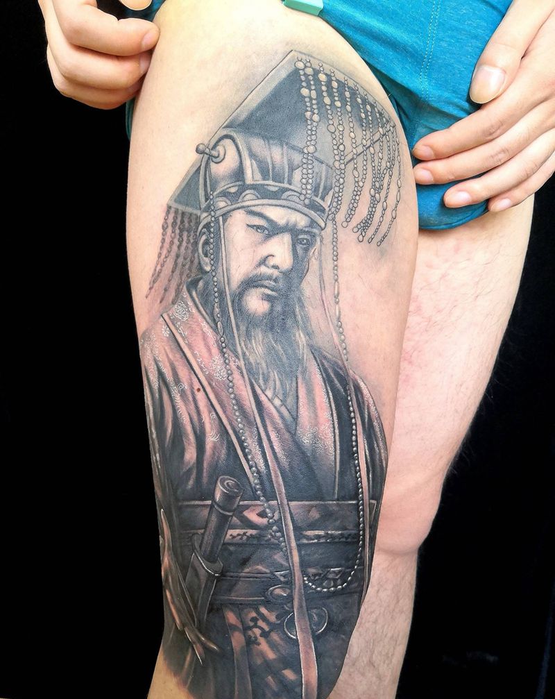 大腿作品秦始皇纹身图片_腿部欧美写实纹身图案