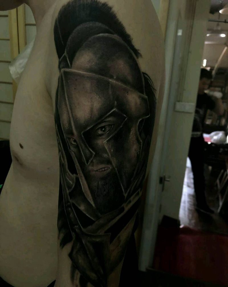 斯巴达（未完成）纹身图片_肩部写实人物宗教纹身图案