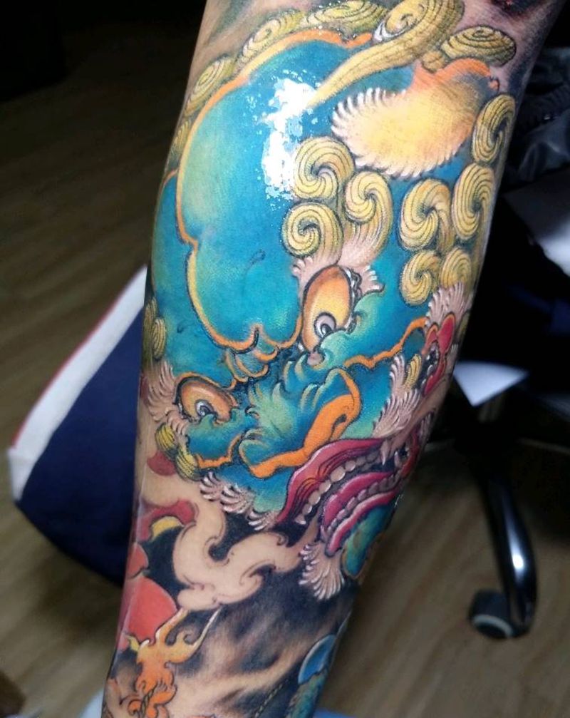 彩色小臂牡丹唐狮纹身图片