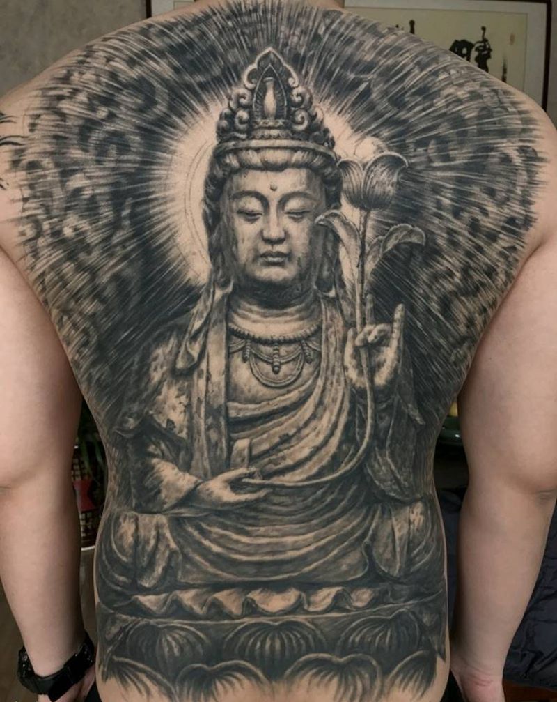 佛光普照纹身图片_背部欧美写实鬼神原创石雕成品纹身图案