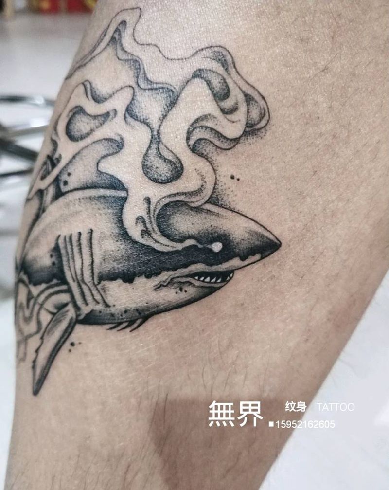 暗黑系小鲨鱼纹身图片_腿部欧美原创鲨鱼暗黑成品纹身图案