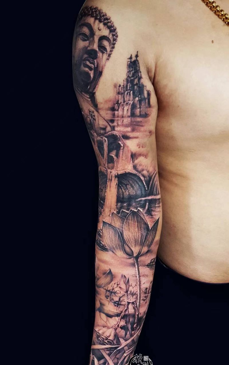 石雕 佛  山水纹身图片_手部欧美写实纹身图案