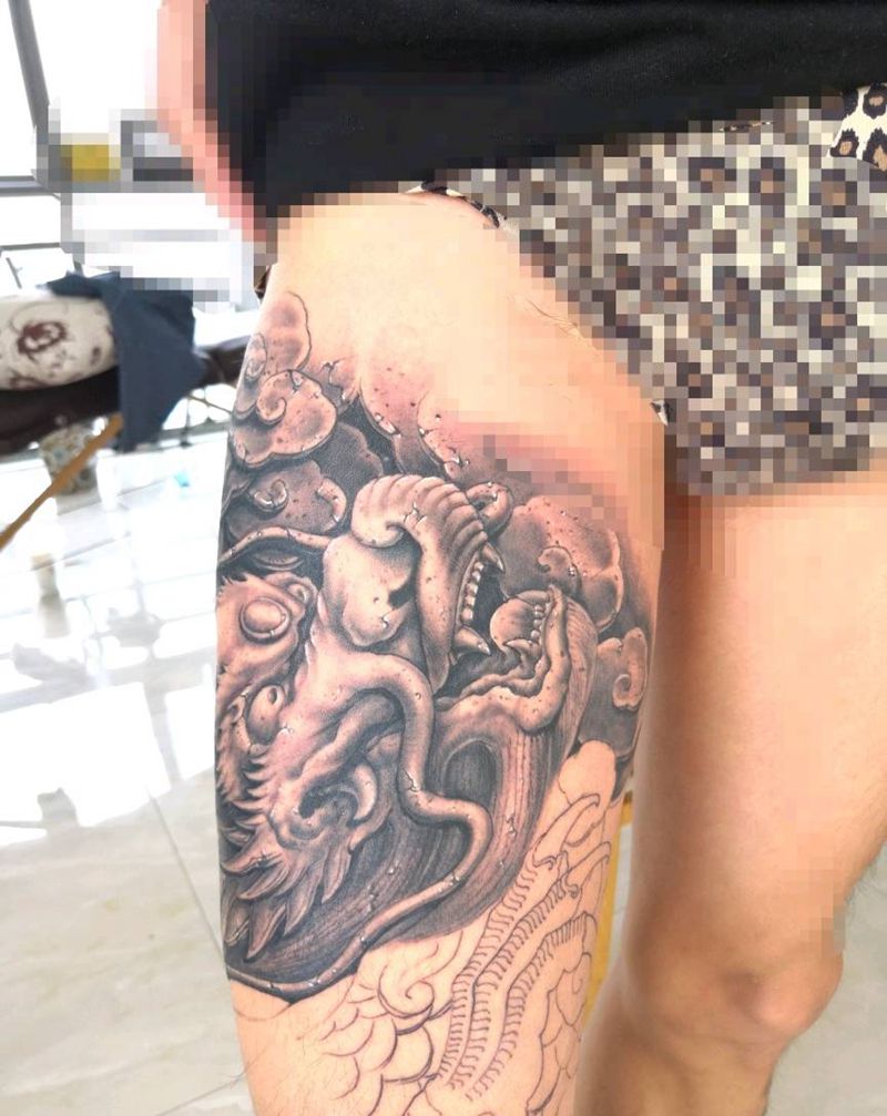 石雕盘龙腿未完成性价比纹身纹身图片_腿部欧美写实原创纹身图案