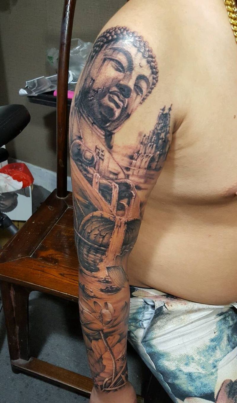 中国风纹身图片_手臂欧美写实植物宗教原创石雕成品纹身图案