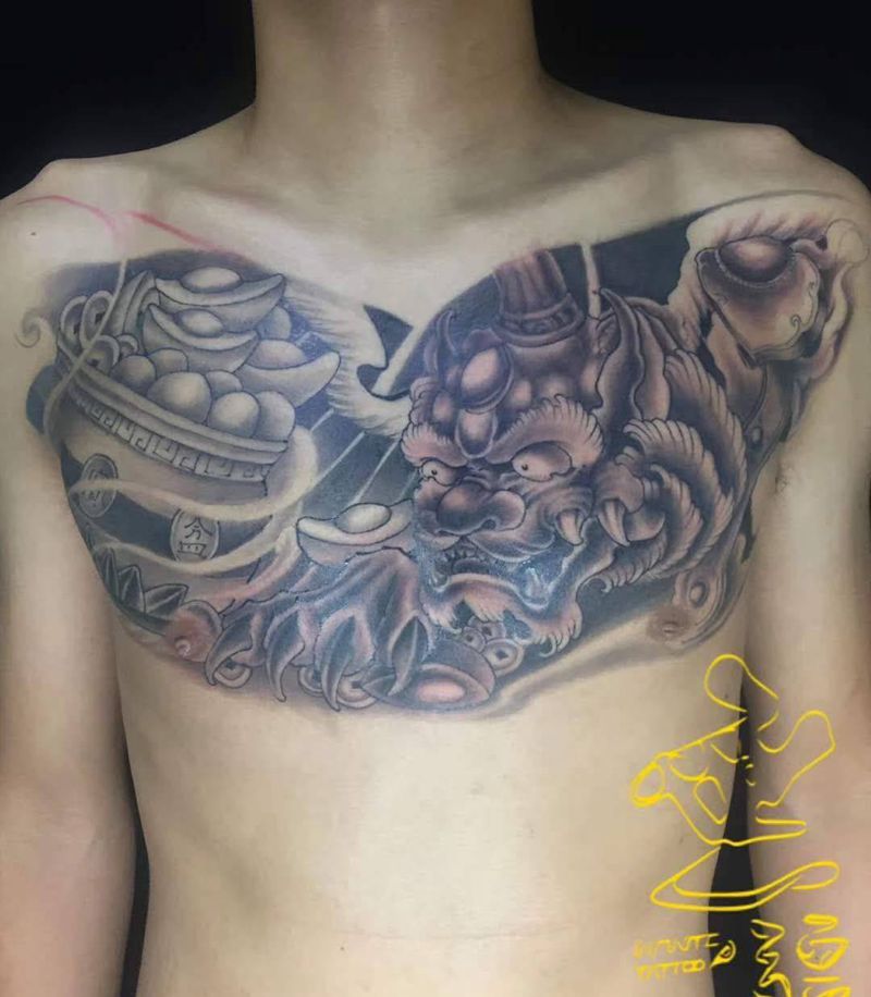 花胸纹身图片_胸部新传统唐狮纹身图案