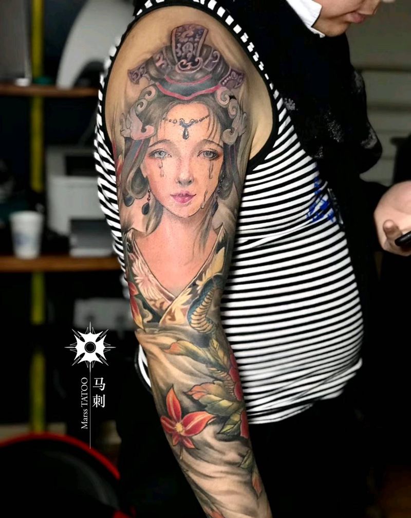 为伊消得人憔悴，衣带渐宽终不悔纹身图片_手臂新传统美人纹身图案