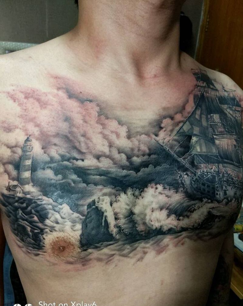 乘风破浪纹身图片_胸部欧美写实原创成品纹身图案