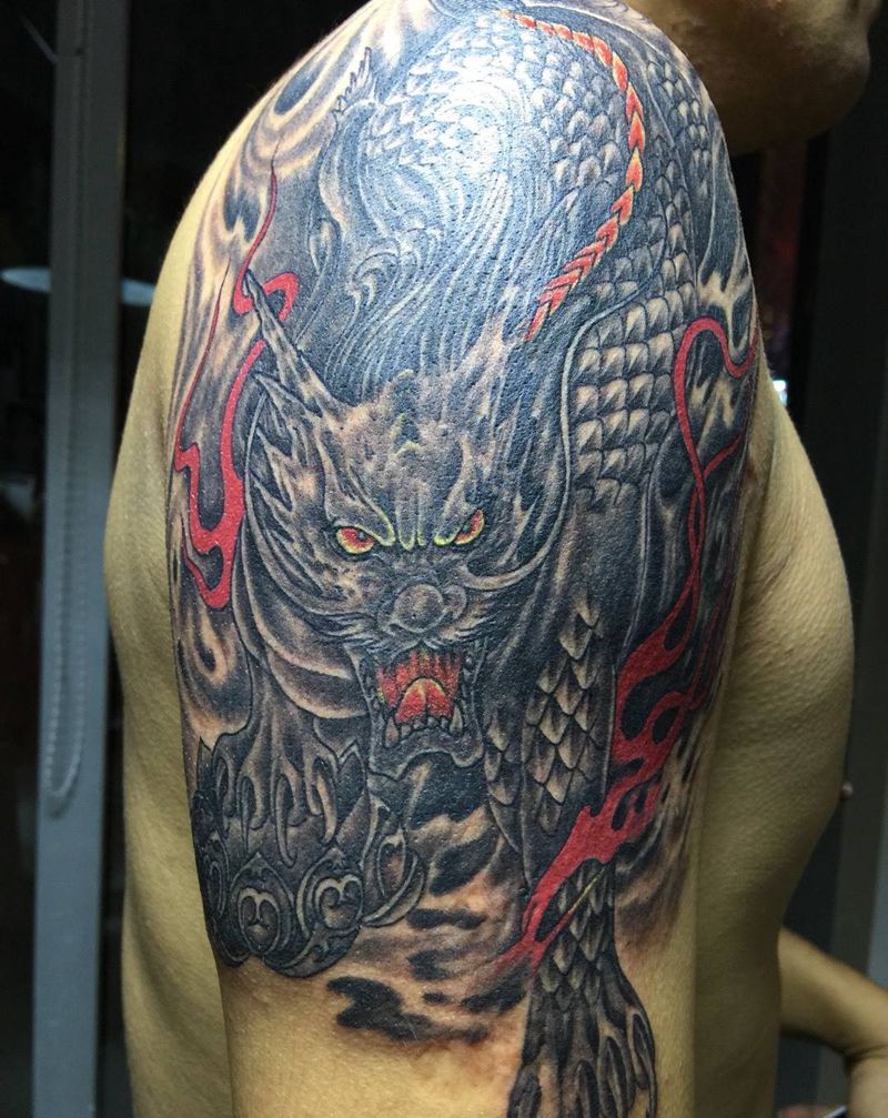 麒麟纹身图片_肩部成品传统神兽纹身图案