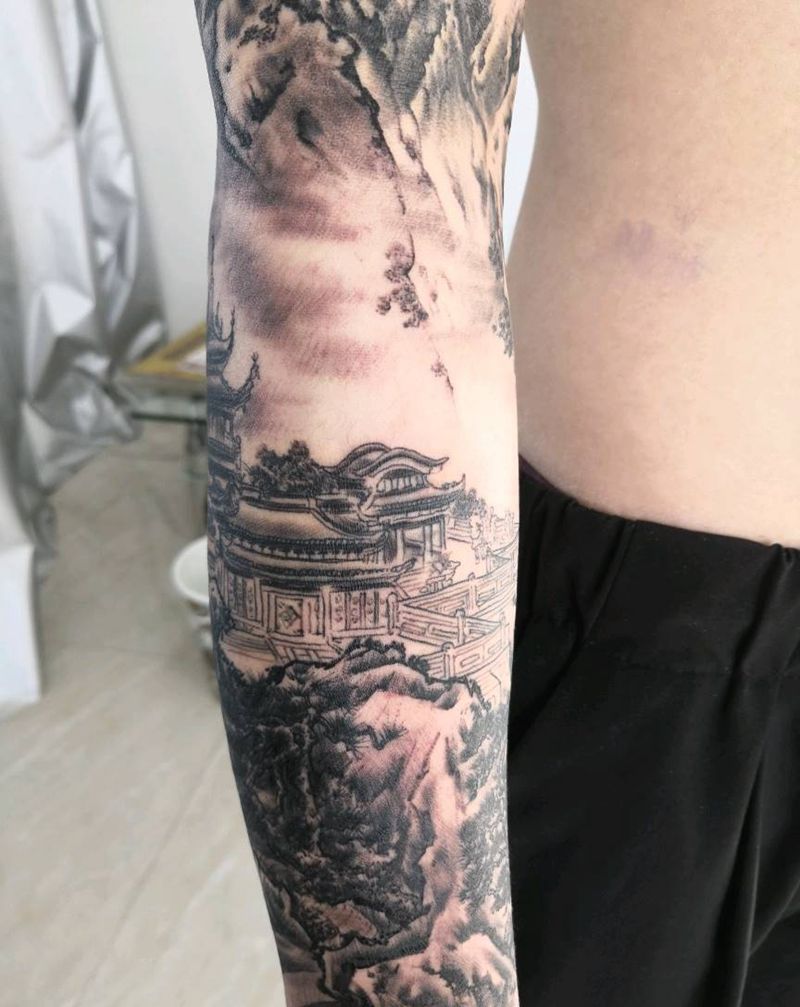 山水花臂纹身图片_手臂传统国画成品纹身图案