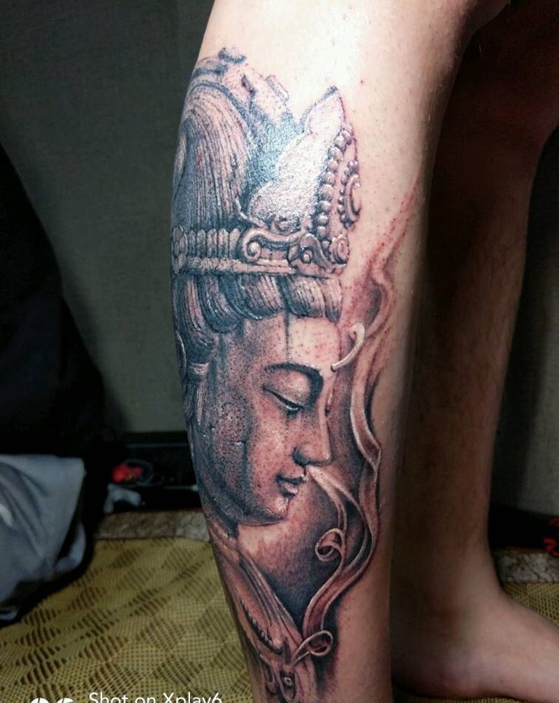 冥思纹身图片_腿部传统写实宗教原创成品纹身图案