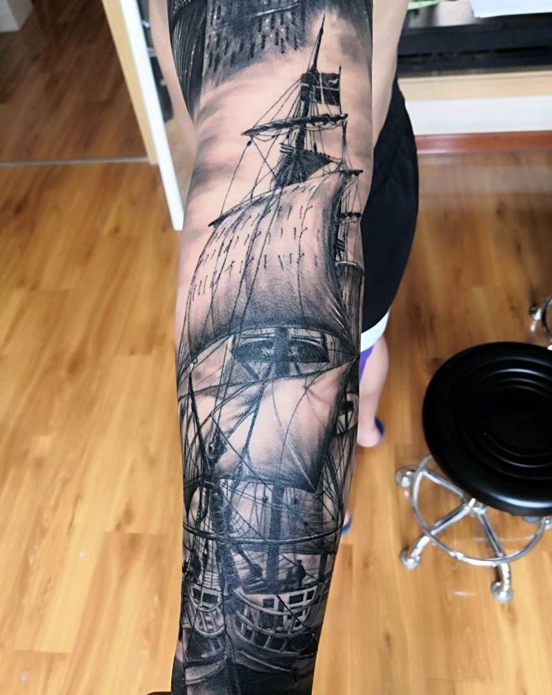 帆船纹身图片_手臂欧美写实纹身图案