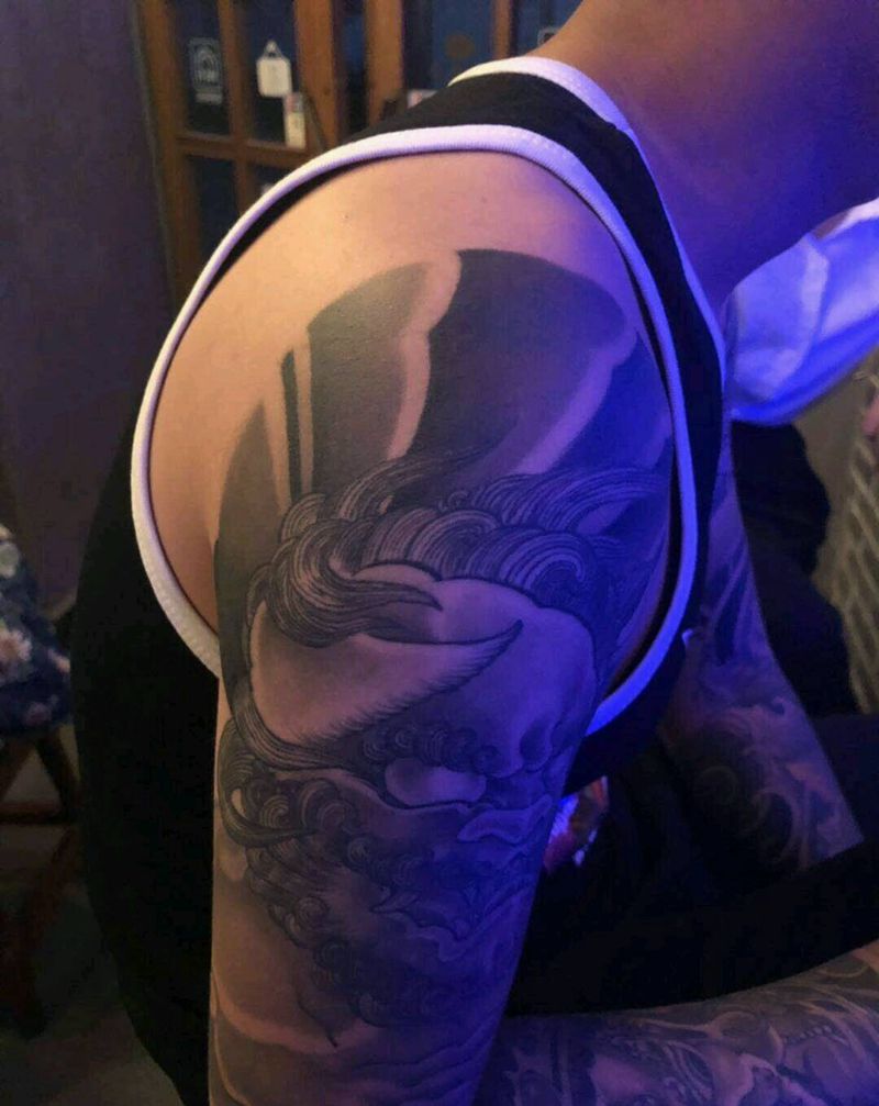 恢复后的唐狮纹身图片_肩部手臂传统动物鬼神成品纹身图案