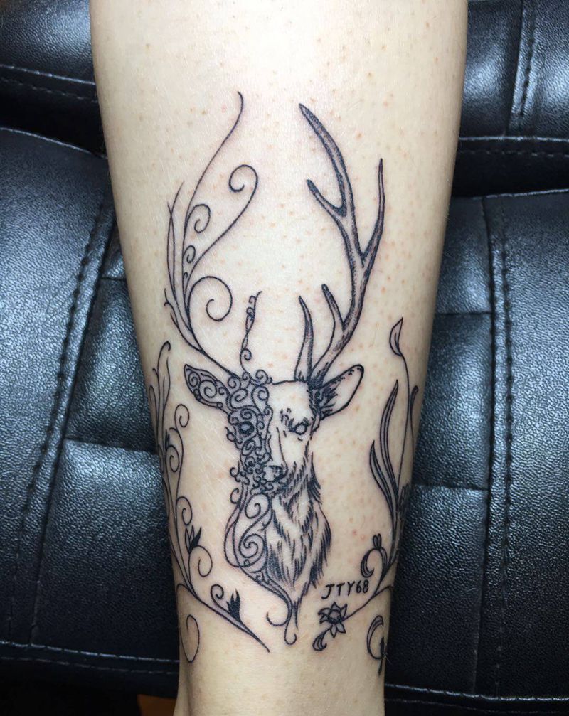 鹿纹身图片_腿部纹身图案