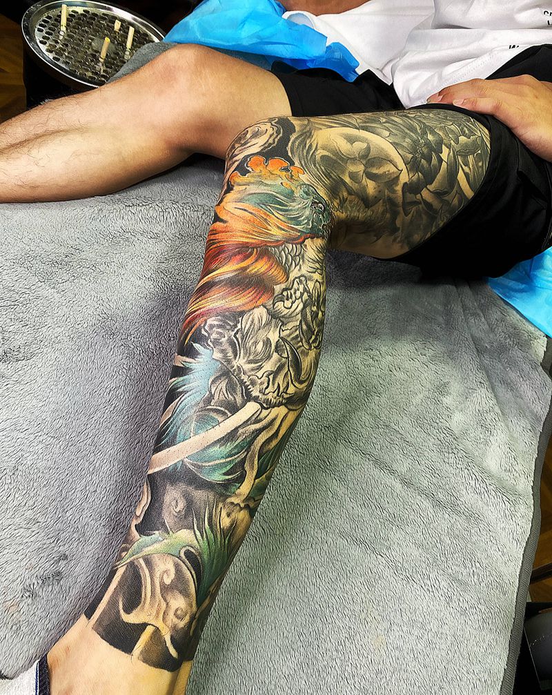 龙凤呈祥纹身图片_腿部新传统纹身图案