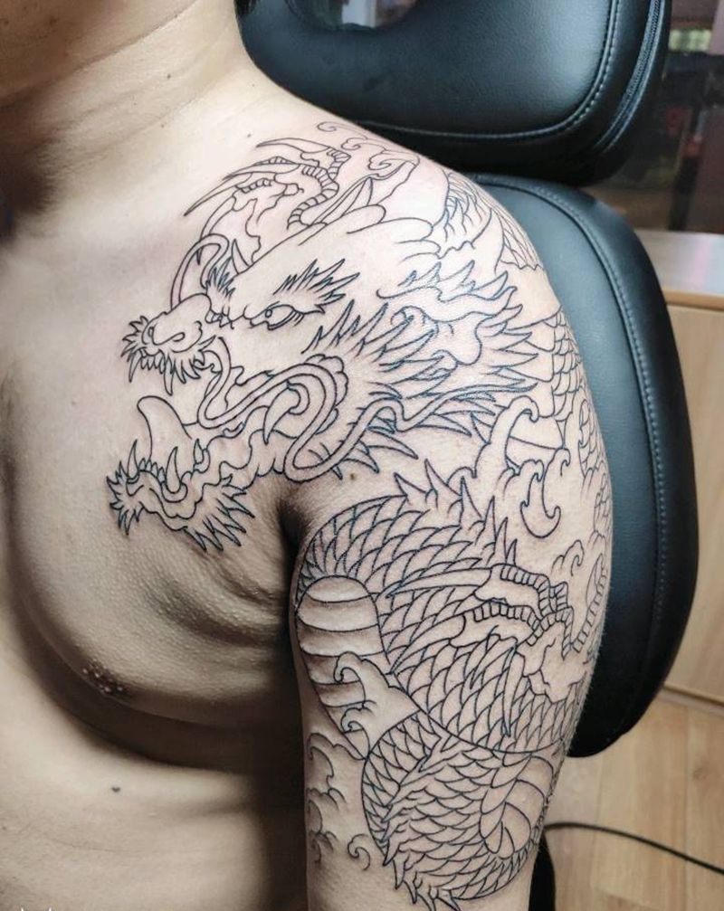龙线条下次上色纹身图片_手臂纹身图案