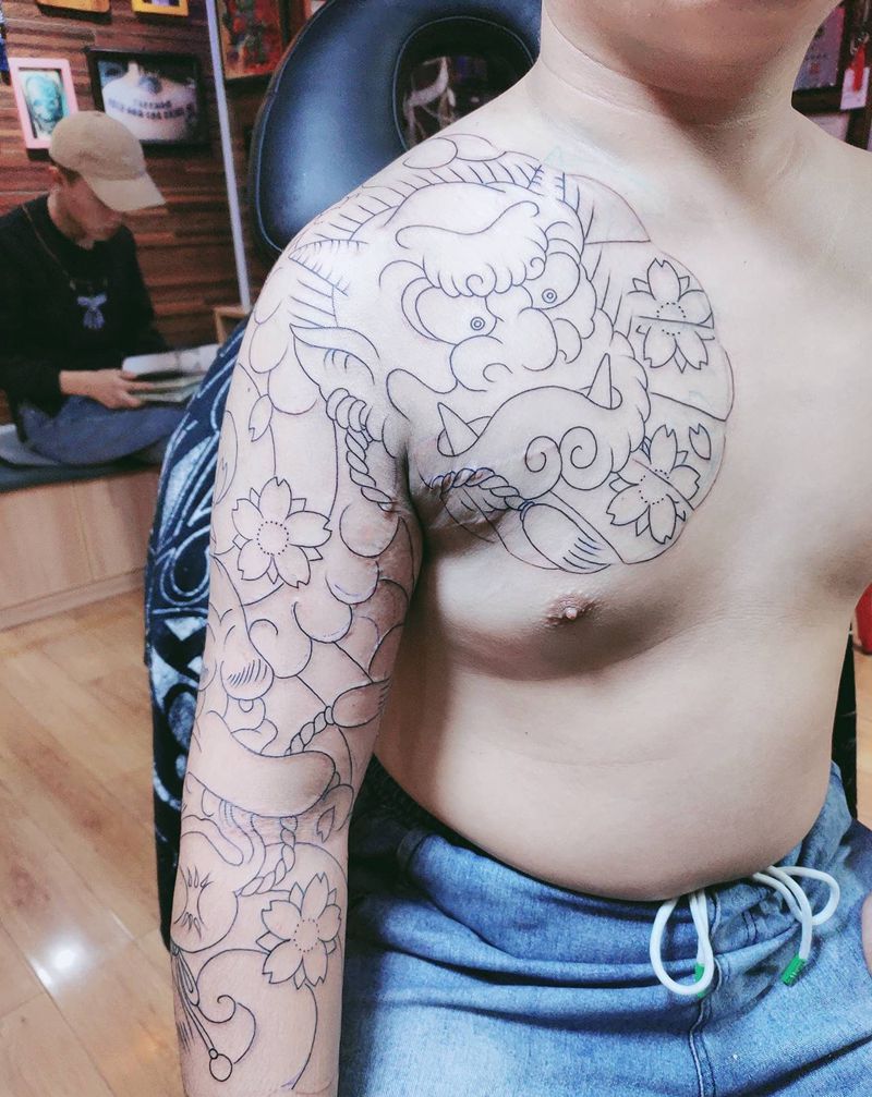 七分袖线条纹身图片_手臂纹身图案