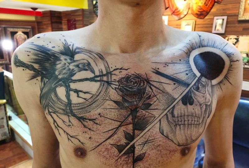 写实纹身图片_胸部纹身图案