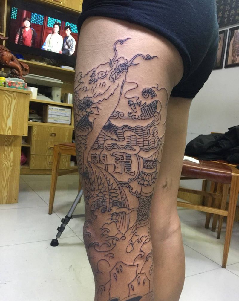 大花腿纹身图片