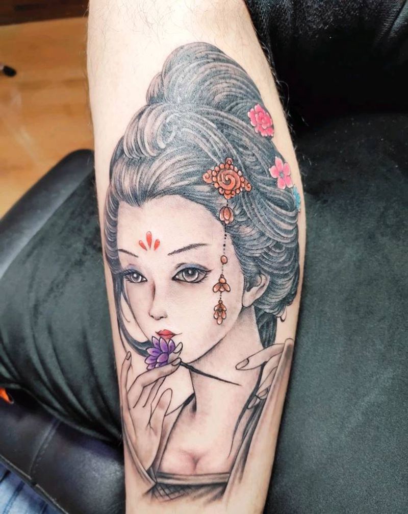 艺伎纹身图片_腿部纹身图案