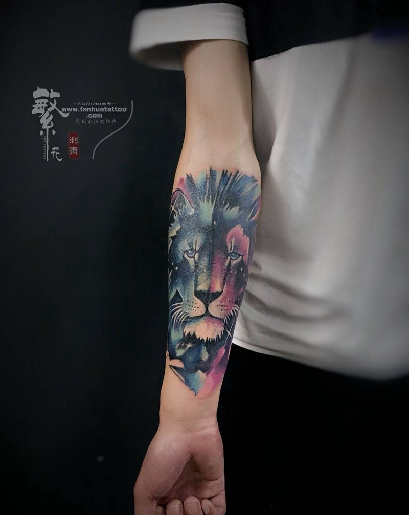 狮子遮盖纹身图片_成品手臂欧美动物纹身图案
