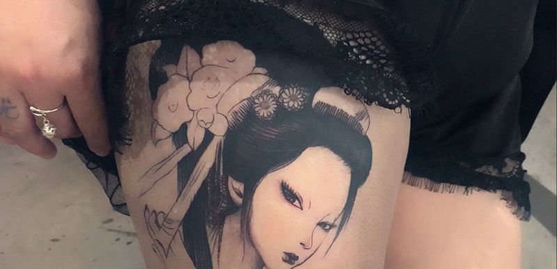 艺妓纹身图片_腿部欧美写实新传统纹身图案