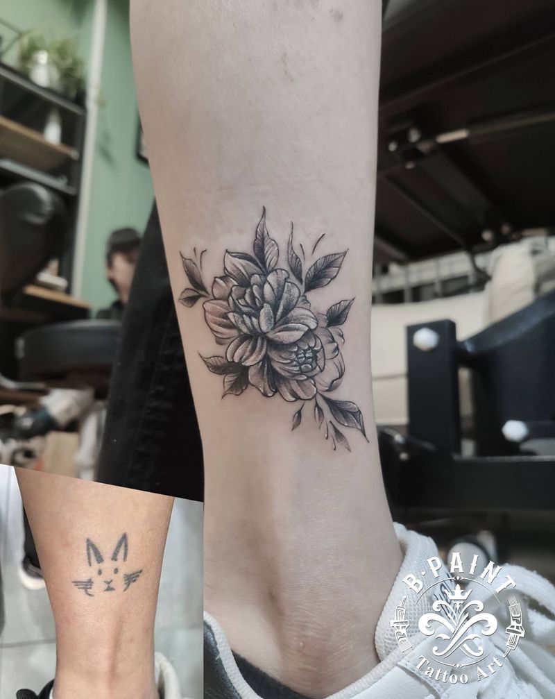 素花遮盖纹身图片_脚部腿部点刺纹身图案