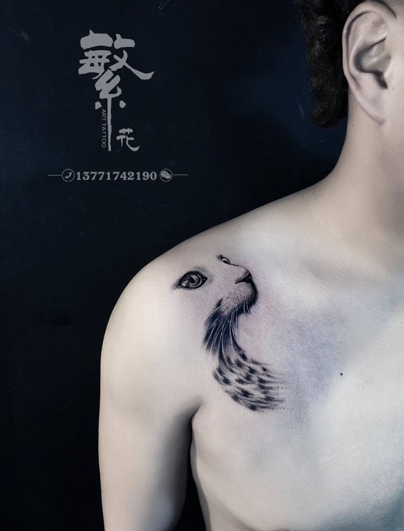 喵  猫咪纹身图片_成品手稿肩部欧美肖像动物写实原创纹身图案