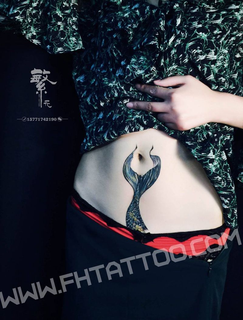 美人鱼纹身图片_成品手稿腹部写实动物人物原创美人鱼伤疤遮盖纹身图案