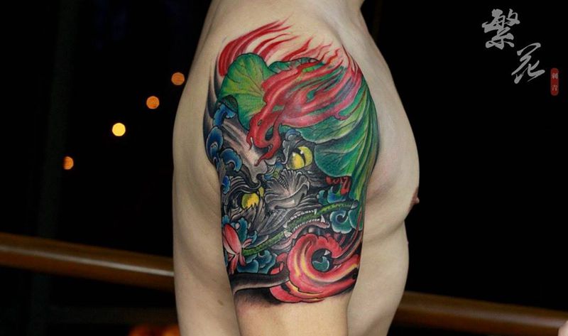 唐狮出荷纹身图片_成品手稿手臂手部肩部传统国画动物植物静物纹身图案