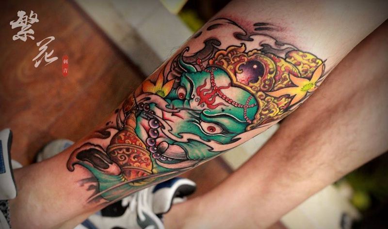 象神纹身图片_成品手稿脚部腿部传统鬼神人物动物肖像纹身图案