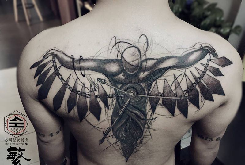 时间守护神纹身图片_成品手稿背部欧美原创人物宗教纹身图案