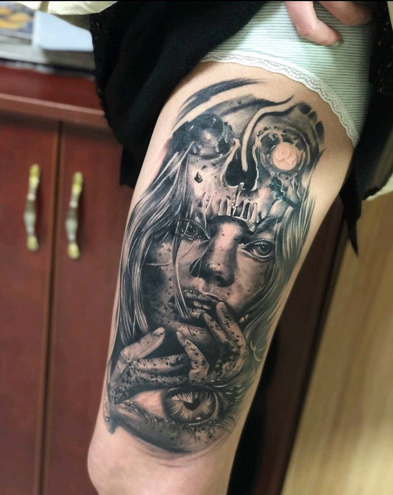 欧美写实十二个小时纹身图片_腿部纹身图案