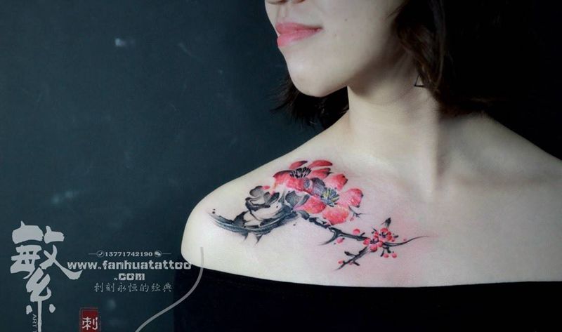 梅花伤疤遮盖纹身图片_成品手稿胸部传统植物伤疤遮盖纹身图案